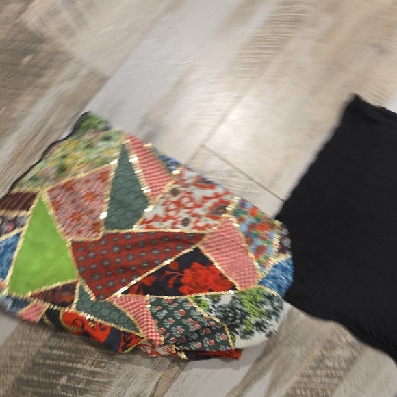 Anthropologie Black Top with Colorful Patchwork Sleeves - Picture 6 of 9
